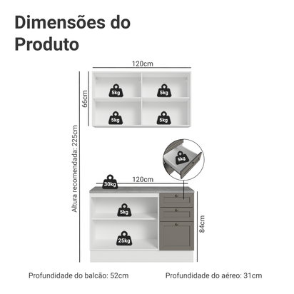 Armário de Cozinha Compacta 120 cm Branco/Cinza Vik Madesa 01