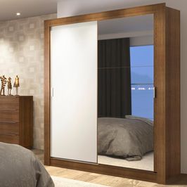 Guarda-Roupa Solteiro Madesa Dallas Plus 2 Portas de Correr com Espelho 4 Gavetas Rustic/Branco