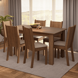 Conjunto Sala de Jantar Madesa Analu Mesa Tampo de Madeira com 6 Cadeiras Rustic/Sintético Bege