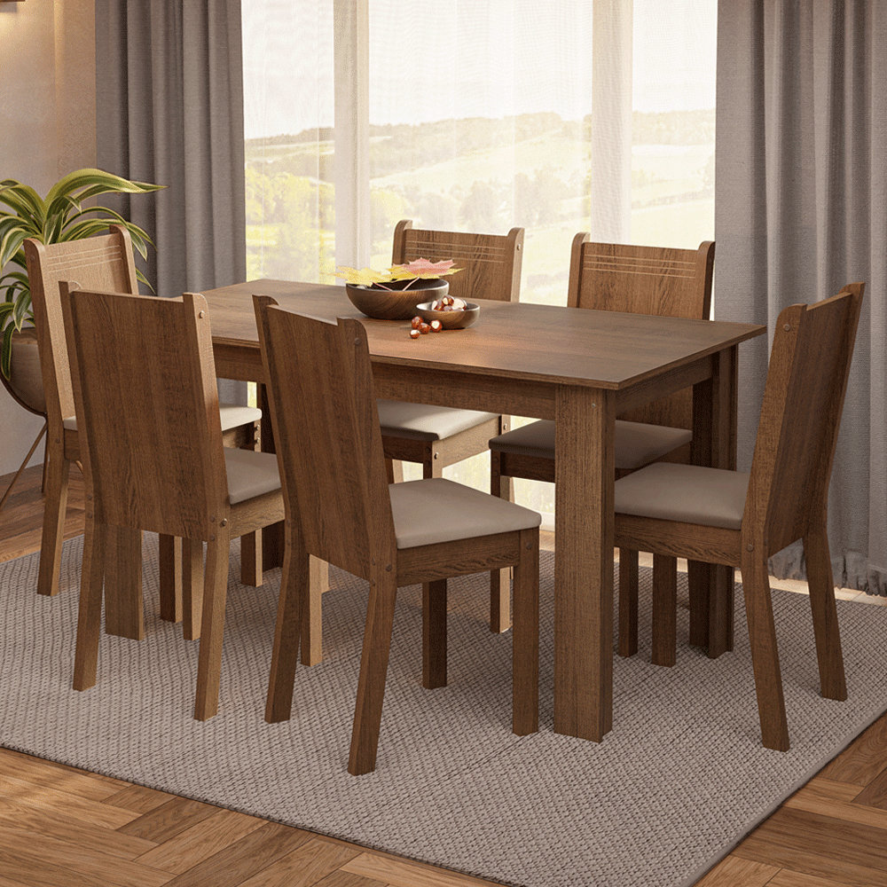Conjunto Sala de Jantar Madesa Analu Mesa Tampo de Madeira com 6 Cadeiras Rustic/Sintético Bege