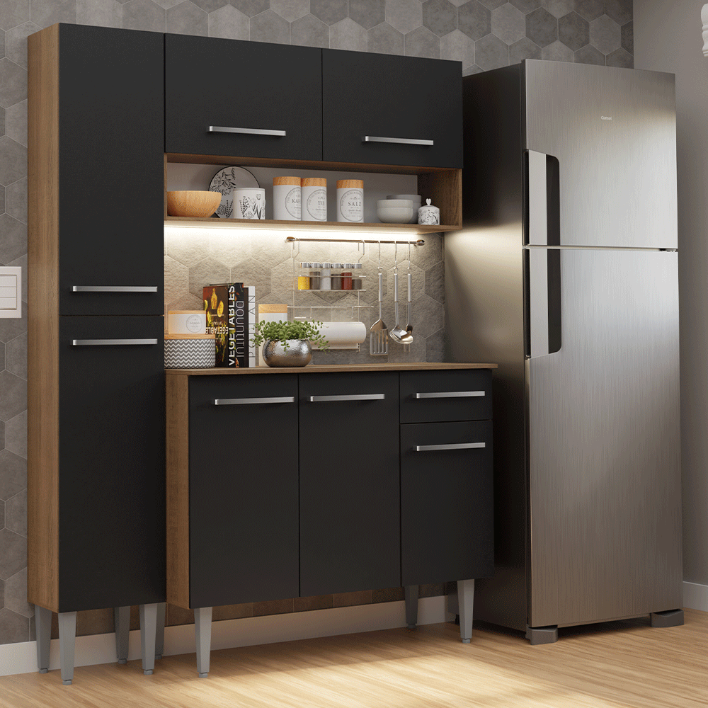 Armário de Cozinha Compacta 137 cm Rustic/Preto Emilly Madesa 012