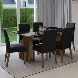Conjunto Sala de Jantar Tampo de Vidro 6 Cadeiras Rustic/Preto/Oxford Madrid Madesa