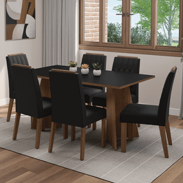 Conjunto Sala de Jantar Tampo de Madeira 6 Cadeiras Rustic/Preto/Oxford Leon Madesa