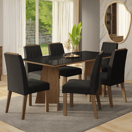 Conjunto Sala de Jantar Tampo de Vidro 6 Cadeiras Rustic/Preto/Oxford Siena Madesa