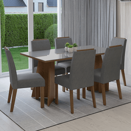 Conjunto Sala de Jantar Tampo de Vidro 6 Cadeiras Rustic/Cinza/Silver Madrid Madesa