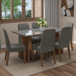 Conjunto Sala de Jantar Tampo de Vidro 6 Cadeiras Rustic/Cinza/Silver Sintra Madesa