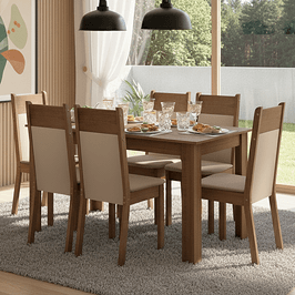 Conjunto Sala de Jantar Tampo de Madeira 6 Cadeiras Rustic/Crema/Bege Malta Madesa