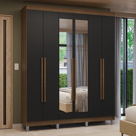 Guarda-Roupa Casal com Pés 6 Portas Batentes com Espelho Rustic/Preto/Rustic Venus Madesa