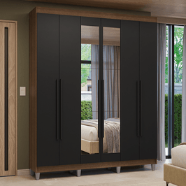 Guarda-Roupa Casal com Pés 6 Portas Batentes com Espelho Rustic/Preto/Preto Venus Madesa