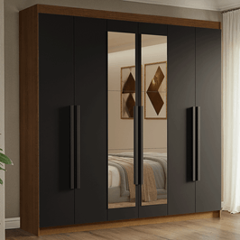 Guarda-Roupa Casal 6 Portas Batentes com Espelho Rustic/Preto/Preto Venus Madesa