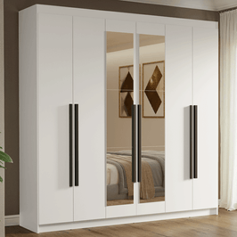 Guarda-Roupa Casal 6 Portas Batentes com Espelho Branco/Branco/Preto Venus Madesa