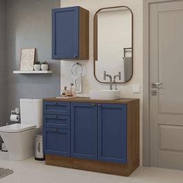 Conjunto Gabinete para Banheiro 110cm 3 Gavetas 3 Portas Rustic/Azul Vik Madesa 01