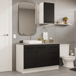 Conjunto Gabinete para Banheiro 120cm 3 Portas 3 Gavetas Branco/Preto Agata Madesa 01