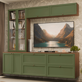 Estante Sala de Estar com Rack + Cristaleira 230cm Rustic/Verde Vik Madesa 01
