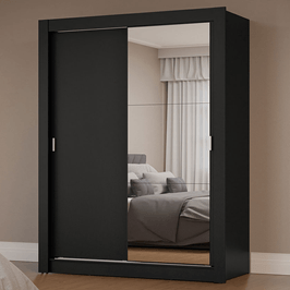 Guarda-Roupa Solteiro 2 Portas de Correr com Espelho Preto Milano Madesa