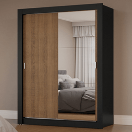Guarda-Roupa Solteiro 2 Portas de Correr com Espelho Preto/Rustic Milano Madesa