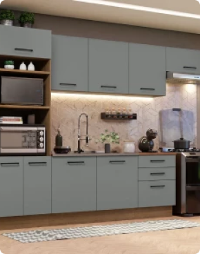 A cozinha Agata cinza traz inspiração industrial, com linhas modernas, ampla armazenagem e iluminação aconchegante.