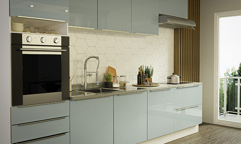 Detalhes da cozinha cinza com acabamento em vidro, realçando o design sofisticado e a funcionalidade do espaço.