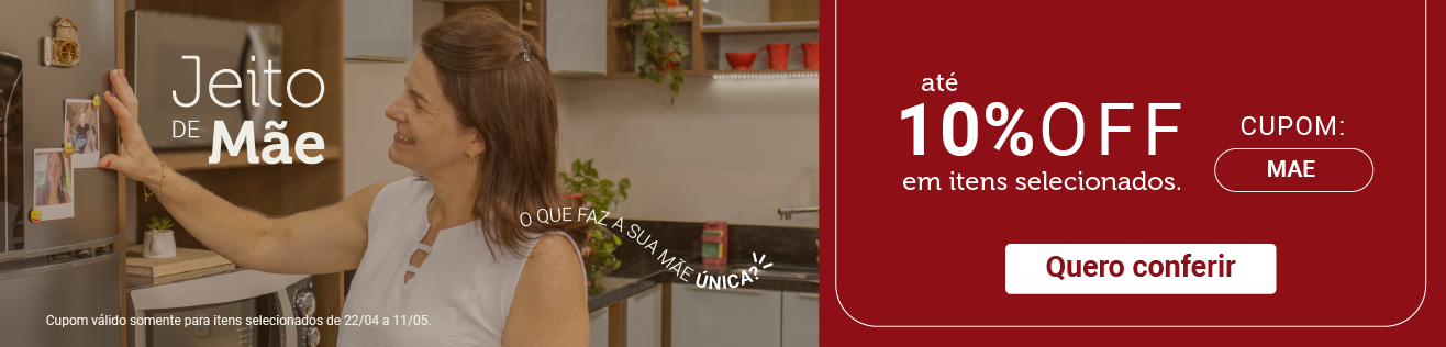 Banner promocional do Dia das Mães, oferecendo até 10% OFF em itens selecionados com o cupom "MAE".