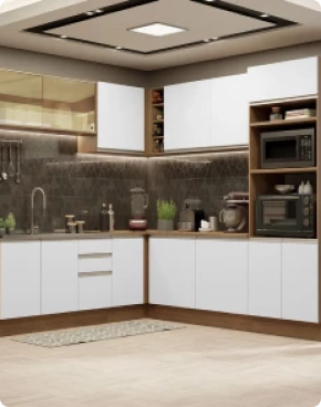 A cozinha Glamy traz amplitude e sofisticação com armários aéreos em vidro reflex e amplo espaço de trabalho.
