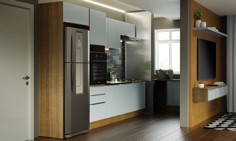 Cozinha planejada na cor cinza, com acabamento amadeirado. O espaço integrado traz um toque moderno e funcional ao ambiente.