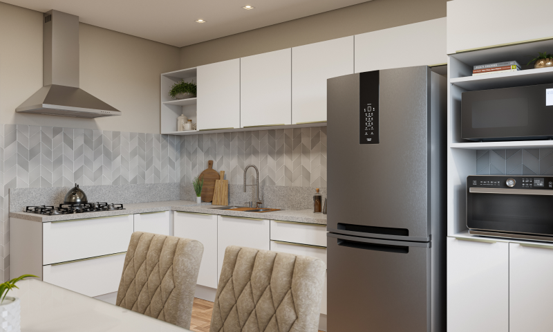 Cozinha branca com design clean e funcional. O revestimento geométrico e os tons neutros criam um espaço moderno.