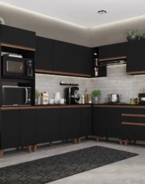 A cozinha Reims une modernidade e charme retrô com pés no estilo vintage, acabamento preto fosco e detalhes amadeirados.